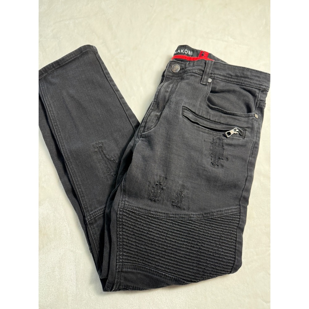 Makobi Mens Biker Jeans Black Distressed Moto Denim Metal Goth Scene Y2K 36x32